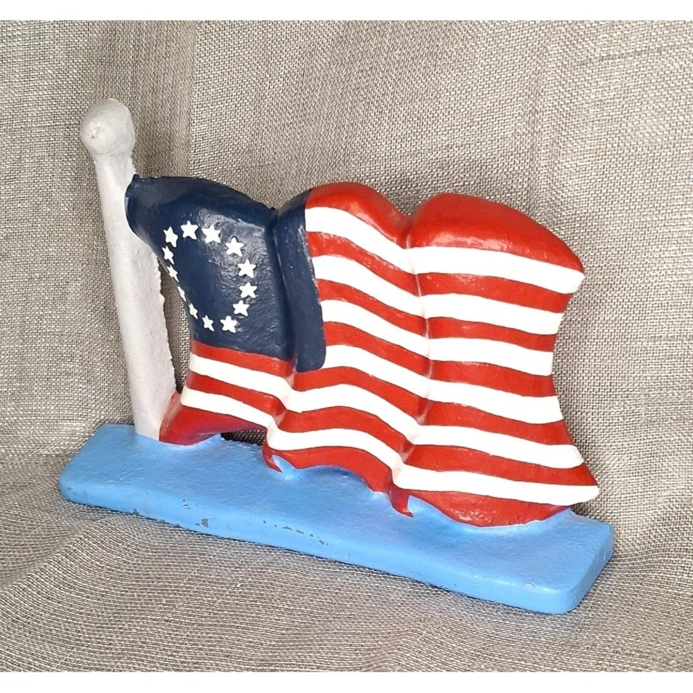 Vntg Door Stop Cast Iron American Flag Colonial 13 Stars Patriotic Doorstop USA